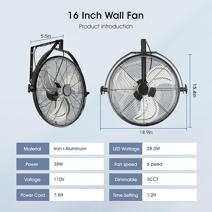 16 inch Wall Mount Fan with Lights and Remote,6-Speed Gazebo Ceiling Fan Adjustable Tilt Dimmable Wall Fan,High Velocity Industrial Outdoor Fans for Patio,Garage,Commercial,Black-PurrikoPets
