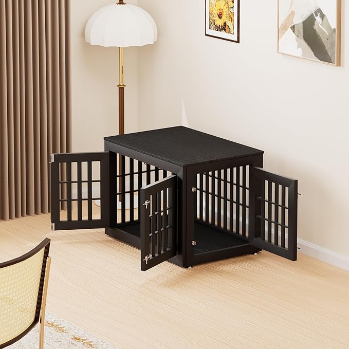 38" Heavy Duty Dog Crate Furniture for Small,Medium and Large Dogs,Rustic Wooden Dog Cage Kennel Indoor Furniture with Waterproof Top,Decorative Pet House Side End Table (Black)-PurrikoPets