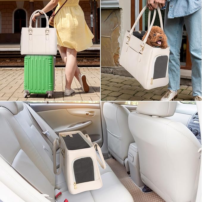 Fashion Pet Carrier Dog Purse Cat Bag Soft-Sided Carriers Travel Airline Approved, Stylish Leather Tote Handbag for Small Animal Puppy Kitten (White)-PurrikoPets
