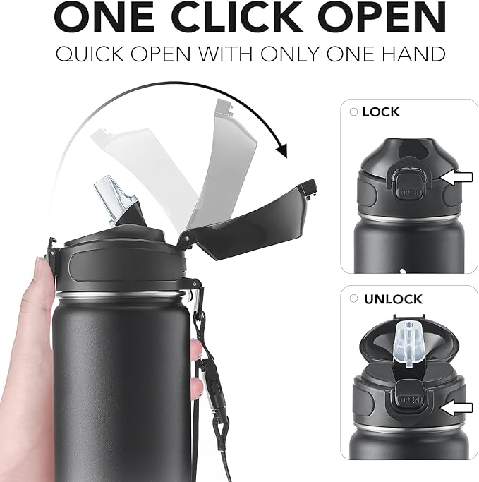 Enerbone 24 oz Insulated Water Bottle, Stainless Steel Bottle with Carrying Strap, Double-Wall Vacuum Insulation Design, Leakproof Sports Bottle with Straw, Keep Drinks Cold or Hot for Hours-PurrikoPets