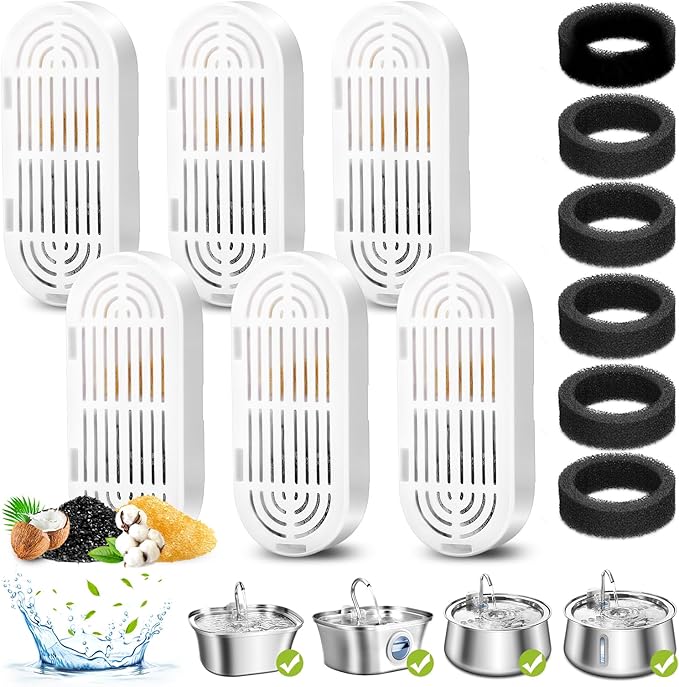 6 Pack Replacement Cat Fountain Filters & Replacement Sponges for Stainless Steel Pet Fountain with Water Level Window, Fountain Carbon Filters for Dog Water Dispenser Bowl-PurrikoPets