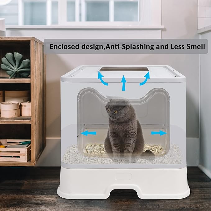 Foldable Cat Litter Box with Lid, Enclosed Potty, Large Top Entry Anti-Splashing Toilet, Easy to Clean Including Litter Scoop and 2-in-1 Cleaning Brush (Grey)-PurrikoPets