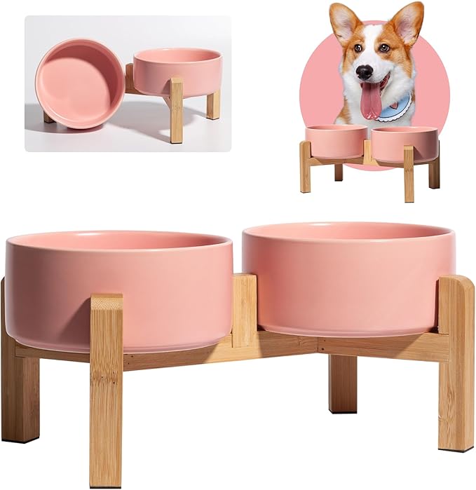 Elevated Ceramic Dog Bowl Set - Raised Dog Bowls with Non-Slip Bamboo Stand - Dog Food and Water Bowl Set - Double Dog Feeding Bowls - Suitable for Small and Medium Dogs - 28.74 OZ - 3.6 CUPS - 850 ML-PurrikoPets