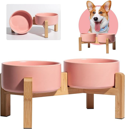 Elevated Ceramic Dog Bowl Set - Raised Dog Bowls with Non-Slip Bamboo Stand - Dog Food and Water Bowl Set - Double Dog Feeding Bowls - Suitable for Small and Medium Dogs - 28.74 OZ - 3.6 CUPS - 850 ML-PurrikoPets
