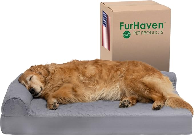 Furhaven Cooling Gel Dog Bed for Large Dogs w/ Removable Bolsters & Washable Cover, For Dogs Up to 95 lbs - Pinsonic Quilted Paw L Shaped Chaise - Titanium, Jumbo/XL-PurrikoPets