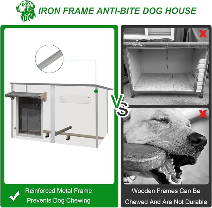 Dog House Outdoor Weatherproof & Wooden Dog Kennel with Chew-Proof Iron Frame，Removable Floor, Adjustable Vent Window, Easy Assembly for Large and Extra-Large Dogs 55.1" D x 33.1" W x 34.8" H-PurrikoPets