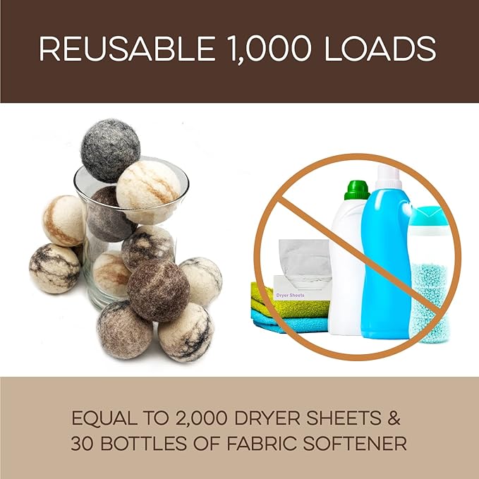 Fluff Ewes Wool Dryer Balls 6 Pack Premium New Zealand Wool Laundry Balls for Dryer, No Static Dryer Balls Laundry Reusable Cute, XL Wool Dryer Balls Cute, Baby Dryer Balls for Dryers - Marble-PurrikoPets