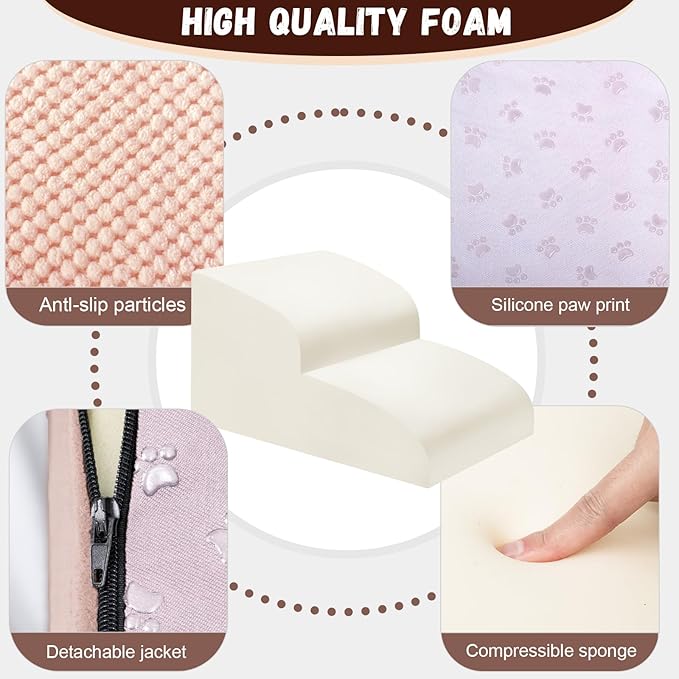 Dog Stairs for Small Dogs - High Density Foam Pet Steps, Extra Wide Dog Ramp with Non-Slip Bottom for High Beds, Couch and Sofa, Best for Dogs Injured, Older Doggy Cats, 2 Steps, Pink-PurrikoPets