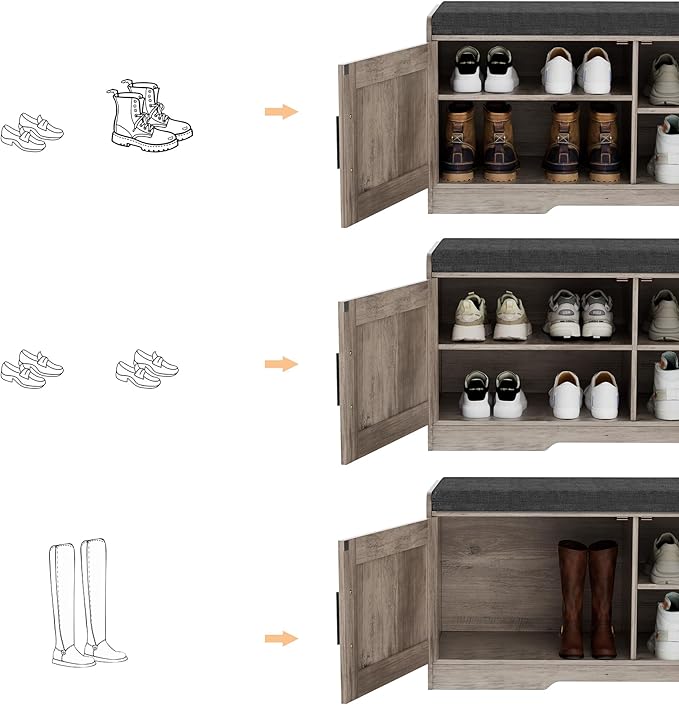 2-Tier Storage Bench, Shoe Bench with Thickened Padded Seat Cushion, Entryway Bench with 2 Doors, Adjustable Shelf, 13.8" D x 37.4" W x 18.5" H, for Entryway, Living Room, Bedroom, Greige-PurrikoPets