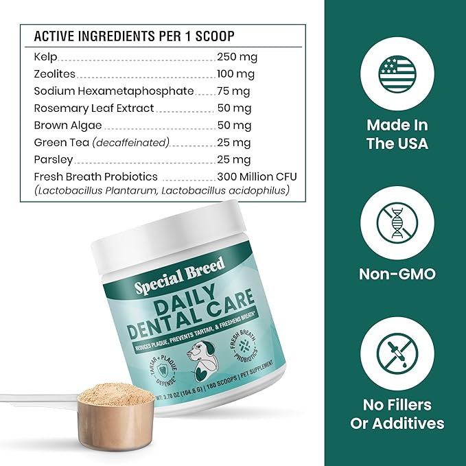 Dog Teeth Cleaning Powder – Natural Dog Dental Powder for Tartar Control, Fresh Breath & Gum Health – Daily Plaque Remover with Zeolite, Brown Algae, Probiotics & Rosemary – 180 Scoops-PurrikoPets