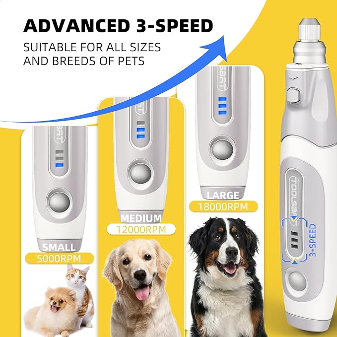 Dog Nail Grinder and Clippers - Upgraded 3-Speed Electric Rechargeable Pet Nail Trimmer with LED Light Super Quiet Paws Grooming Kit Painless Grinding Tool for Large Medium Small Dogs & Cats-PurrikoPets