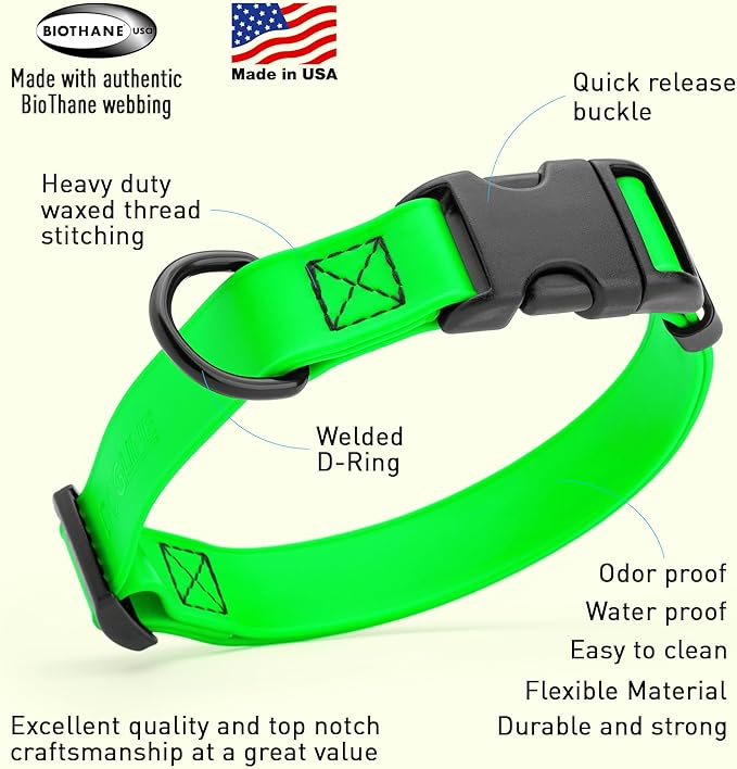 Dogline Biothane Waterproof Dog Collar with Quick Release Buckle Strong Coated Nylon Webbing with Odor- Proof for Easy Care Easy to Clean Fits Small Medium Large Dogs, Lime Green 3/4" W 12-19" L-PurrikoPets