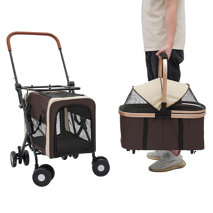 2-Layers Pet Stroller for 2 Cats/Dogs,Foldable Lightweight 77lbs Capacity Carrier, 4 Wheels, Removable Basket & Storage Pocket,for Small Pets (Coffee)-PurrikoPets