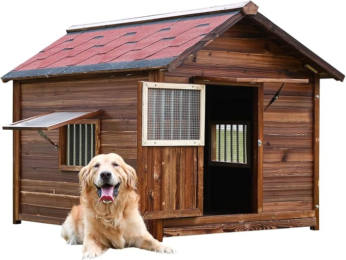 Dog House Outdoor,Solid Pine Wood Large Dog House for Big Breed,Weatherproof Dog Houses Outside with Door,Adjust Windows,Warm Dog Kennel for Outside-PurrikoPets