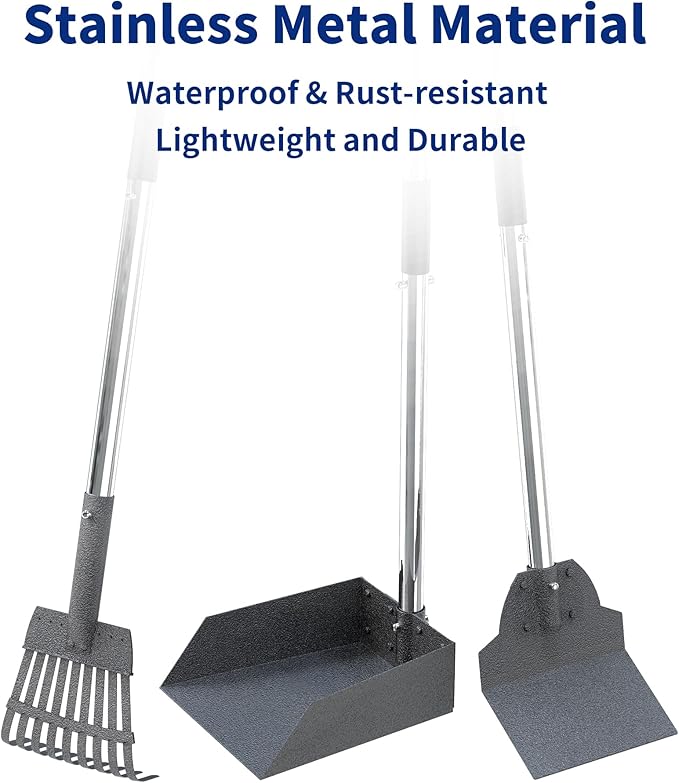 Dog Pooper Scooper Set, Stainless Metal Tray Rake Spade 3 Pack, Long Handle Pet Waste Scooper for Large Medium Small Dogs, Heavy Duty Poop Scooper for Yard, Grass, Dirt or Gravel-PurrikoPets
