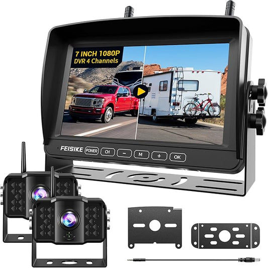 Dual RV Backup Camera Wireless with 7" 1080P Monitor, for Furrion Pre-Wired RVs, 4-Channel Split Screen System, Loop Recording, IR Night Vision, Wide Rear View Camera for Truck, Trailer, Camper-PurrikoPets