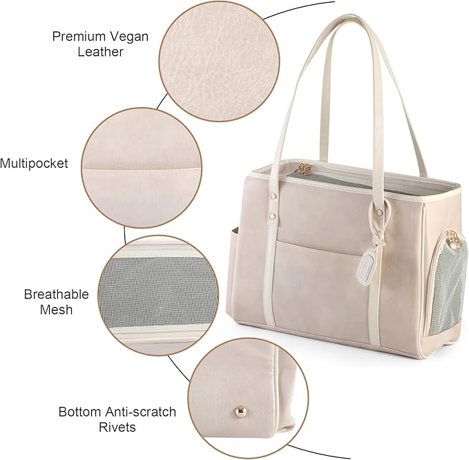 Fashion Dog Carrier Purse, Premium Leather Cat Carrier Bag, Airline Approved Soft Sided Pet Travel Tote Bag with Pockets Beige-PurrikoPets