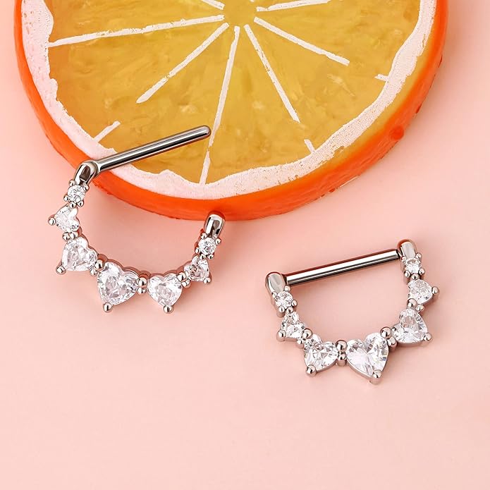 Melighting 2pcs 14G Nipple Rings Surgial Steel 316L Piercing Jewelry Shiny Heart Clear CZ Nipple Bars Rose Gold 14mm