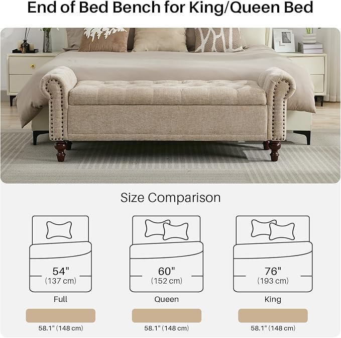 58.1'' Storage Bench Upholstered Chenille End of Bedroom Bed Bench Ottoman with Tufted Cushioned Rolled Arm Large Storage Space for Reading Living Room Entryway, Light Brown-PurrikoPets