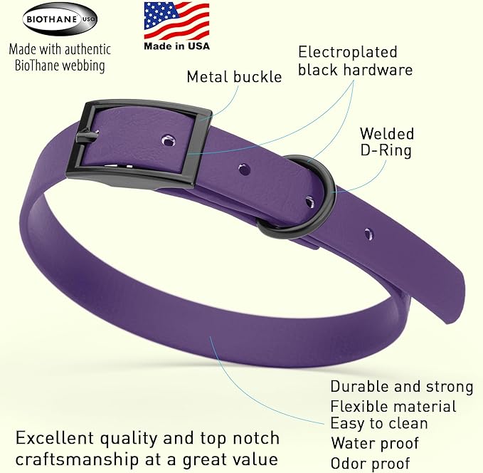 Dogline Biothane Waterproof Dog Collar Strong Coated Nylon Webbing with Black Hardware Odor- Proof for Easy Care Easy to Clean High Performance Fits Small Medium or Large Dogs, Violet Purple-PurrikoPets