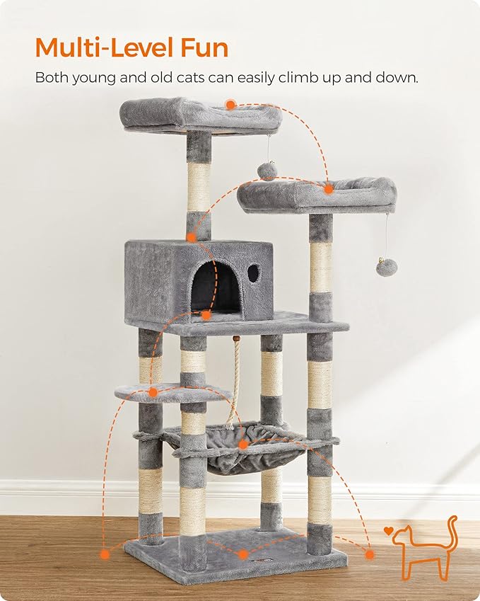 FEANDREA Cat Tree, Cat Tower for Indoor Cats, 56.3-Inch Cat Condo with Scratching Posts, Hammock, Plush Perch, Light Gray UPCT15W-PurrikoPets