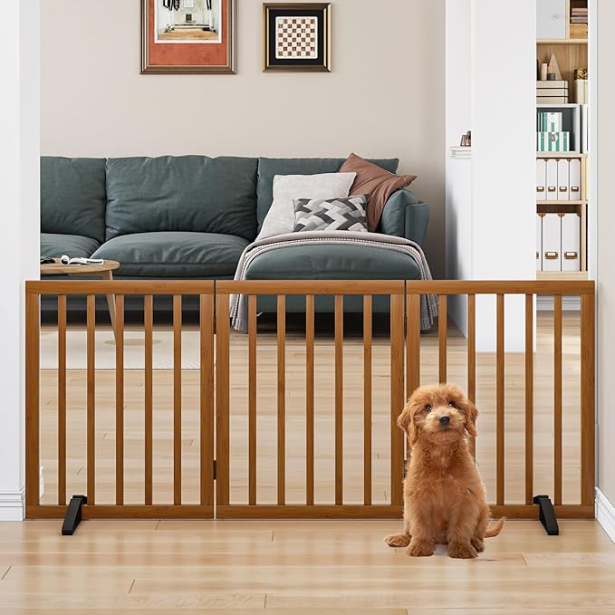 Freestanding Pet Gate Foldable Dog Gate (55 inches Wide) Walnut Bamboo Dog Gates for Stairs Doorways House (2 Support Feet Included)-PurrikoPets