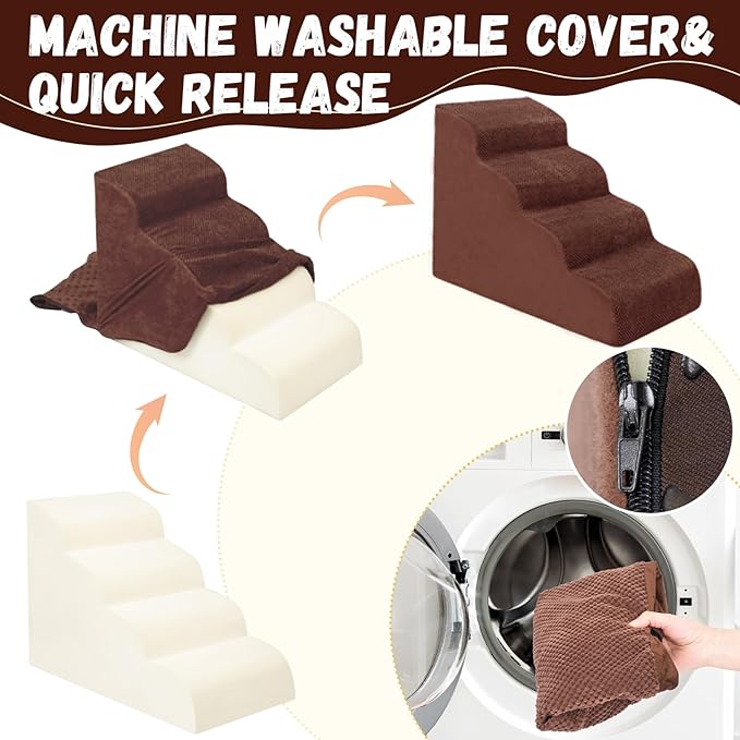 Dog Stairs for Small Dogs - High Density Foam Pet Steps, Extra Wide Dog Ramp with Non-Slip Bottom for High Beds, Couch and Sofa, Best for Dogs Injured, Older Doggy Cats,4 Steps, Brown-PurrikoPets