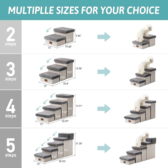 Dog Stair for Small Dogs with Storage, Foldable Pet Step with Soft Cover, Older Cat Ramp for Chair Couch Sofa, Lightweight, Durable, Comfort, 24.8x13x13.6 inch, 3 Tiers, Grey-PurrikoPets