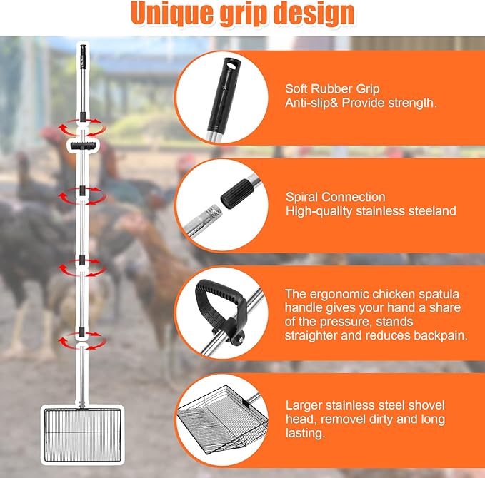 15 inch Large Chicken Poop Scooper with Ergonomic Grip, 6 in 1 Detachable Chicken Scooper for Poop Shovel (20 to 79"), Stainless Steel Sifting Shovel for Chicken Coop/Goat Stall/Stable Cleaning Tool-PurrikoPets