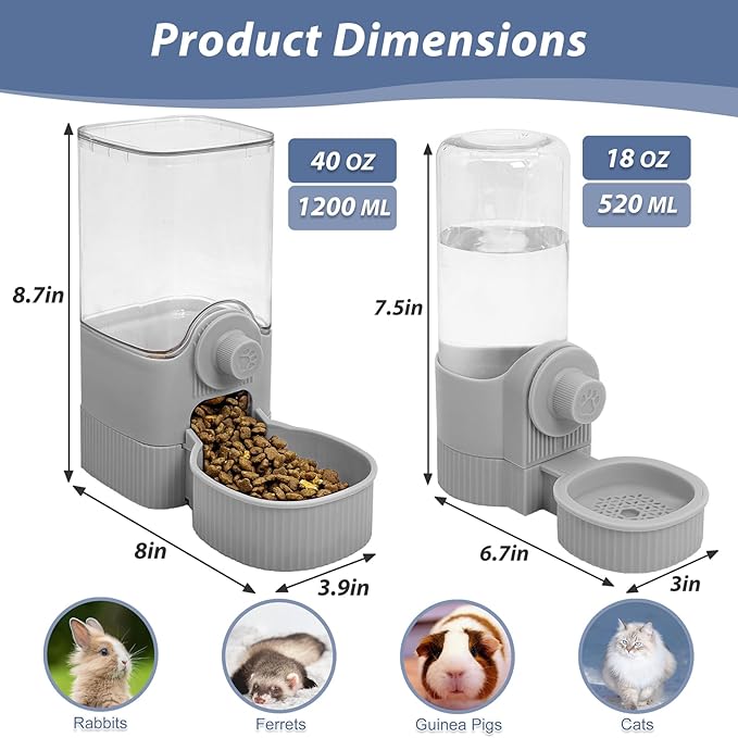 Fhiny Rabbit Food & Water Dispenser, Large Capacity Gravity Guinea Pig Feeder and Waterer Set Hanging Automatic Bunny Feeder for Cage for Bunny Guinea Pig Chinchilla Ferret Cat Puppy-PurrikoPets