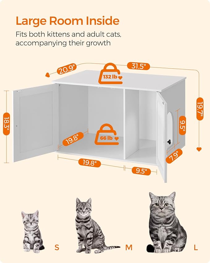 Feandrea Cat Litter Box Enclosure, Litter Box Furniture Hidden with Removable Divider, Indoor Cat House, End Table, 31.5 x 20.9 x 19.7 Inches, White UPCL002W01-PurrikoPets