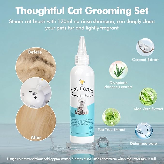 4 in 1 Pet Steam Brush for Cat & Dog, Cat Steam Brush for indoor Cats, Self Cleaning Shedding & Grooming Tool with Waterless Shampoo, Pet Spray Hair Removal Comb with Release Button & Water Tank-PurrikoPets