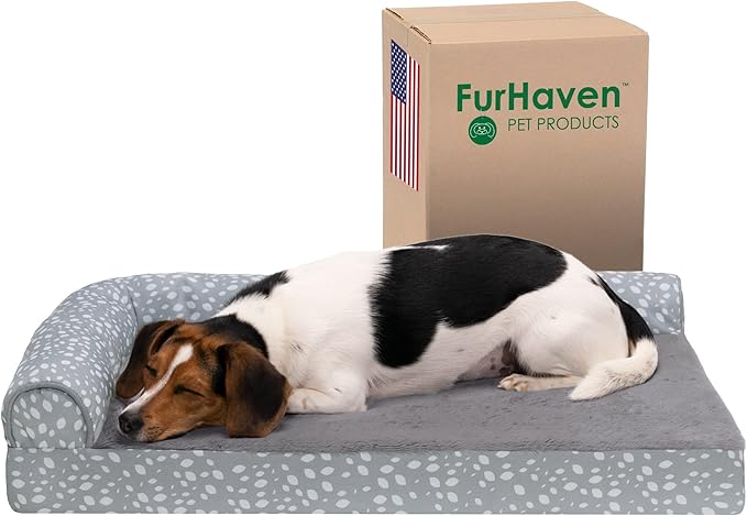 FurHaven Supportive Cooling Memory Foam L Chaise Dog Bed with Washable & Removable Cover - Plush & Almond Print - Gray Almonds, Dogs Up to 35 lbs - Medium-PurrikoPets