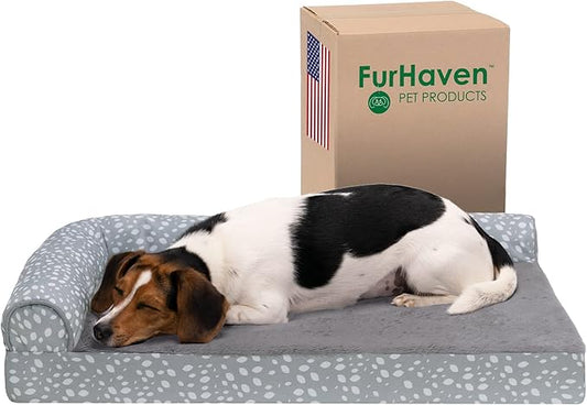FurHaven Supportive Cooling Memory Foam L Chaise Dog Bed with Washable & Removable Cover - Plush & Almond Print - Gray Almonds, Dogs Up to 35 lbs - Medium-PurrikoPets