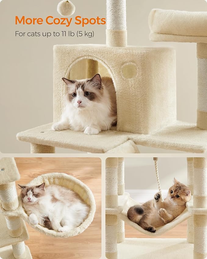 Feandrea Cat Tree, 66.1-Inch Large Cat Tower with 13 Scratching Posts, 2 Perches, 2 Caves, Basket, Hammock, Pompoms, Multi-Level Plush Cat Condo for Indoor Cats, Beige UPCT165M01-PurrikoPets