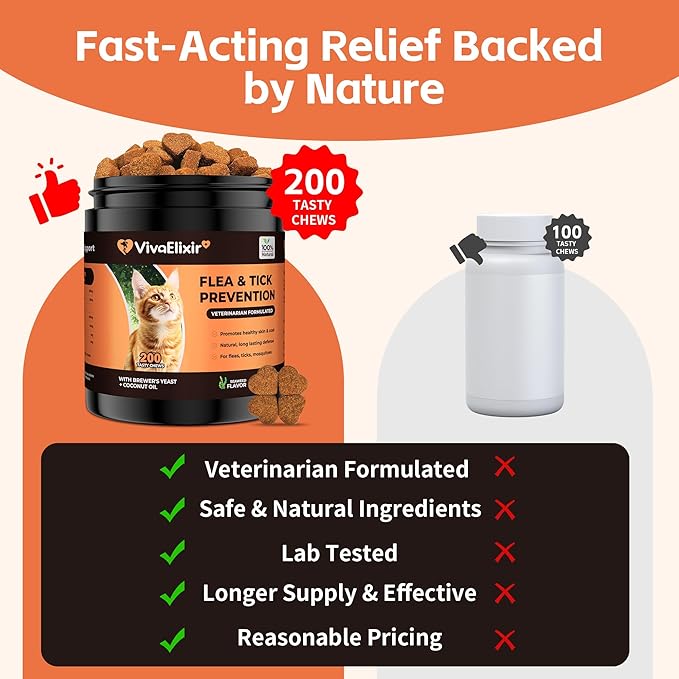Flea & Tick Treatment for Cats – Natural Flea, Tick & Mosquito Prevention with Brewer’s Yeast, Coconut Oil – Skin & Coat Health, Immune Support – Vet Formulated 200 Chews-PurrikoPets