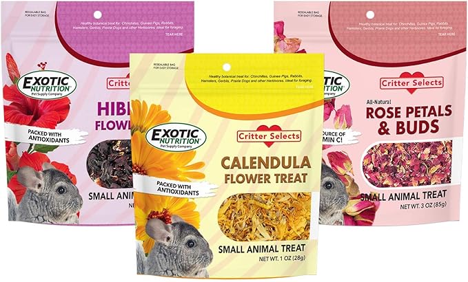 Exotic Nutrition Flower Treat 3 Pack - Healthy Assortment - Hibiscus, Calendula, Rose - for Squirrels, Guinea Pigs, Rabbits, Chinchillas, Prairie Dogs, Degus, Hamster, Gerbils, & Other Herbivores-PurrikoPets