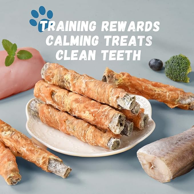 Dog Treats Chicken Wrapped Cod Fish Skin Sticks, Healthy High Protein Omega3 Cod Twist Dog Chews Real Chicken Wrap Teeth Cleaning for Large Medium Small Breeds, 10.6 oz-PurrikoPets