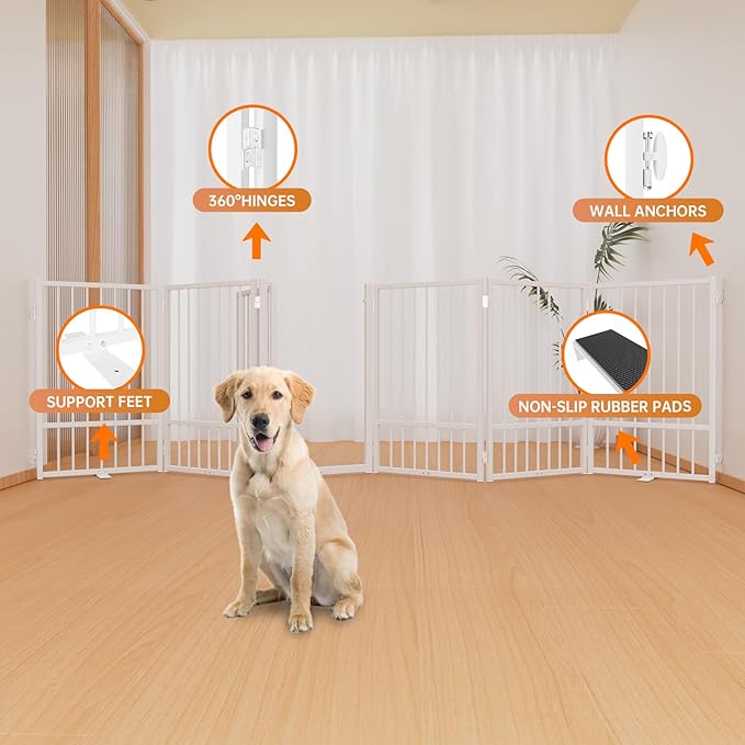 Full Metal Freestanding Dog Gate with Door, 32''Height Foldable Pet Dog Fence for Indoor & Outdoor, 6 Panels Extra Wide Free Standing TallDog Gates for Doorways,House,Stairs,Porch,Deck,Yard-PurrikoPets