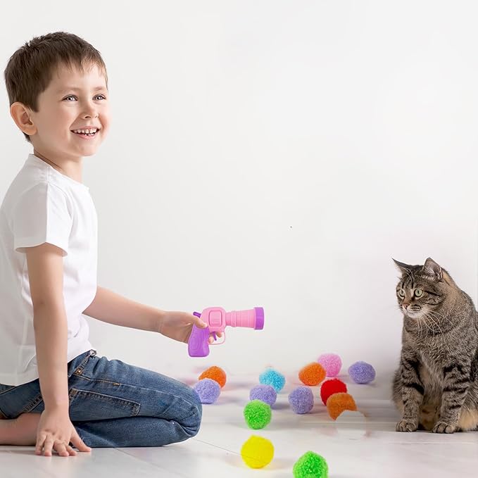 31Pcs Cat Ball Toy Launcher, 30Pcs Plush Fuzzy Balls, Cat Fetch Toy Gun Shooter for Indoor Kittens-PurrikoPets