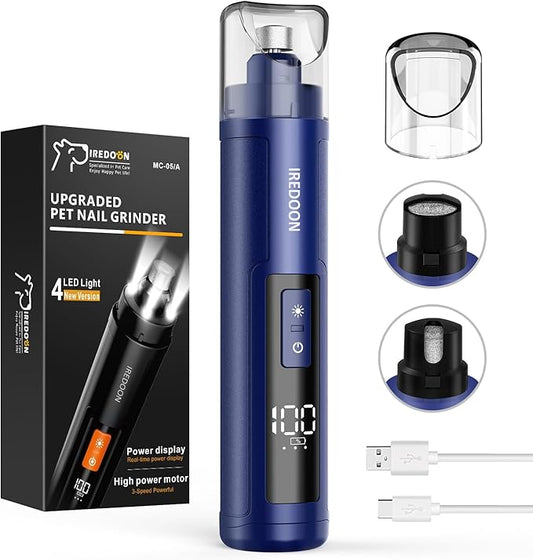 Dog Nail Grinder Upgraded - Professional 3-Speed Super Quiet and Low Vibration Electric Pet Nail Grinder with 4 LED Lights - Painless Paws Grooming & Smoothing for Small to Large Dogs (Blue)-PurrikoPets