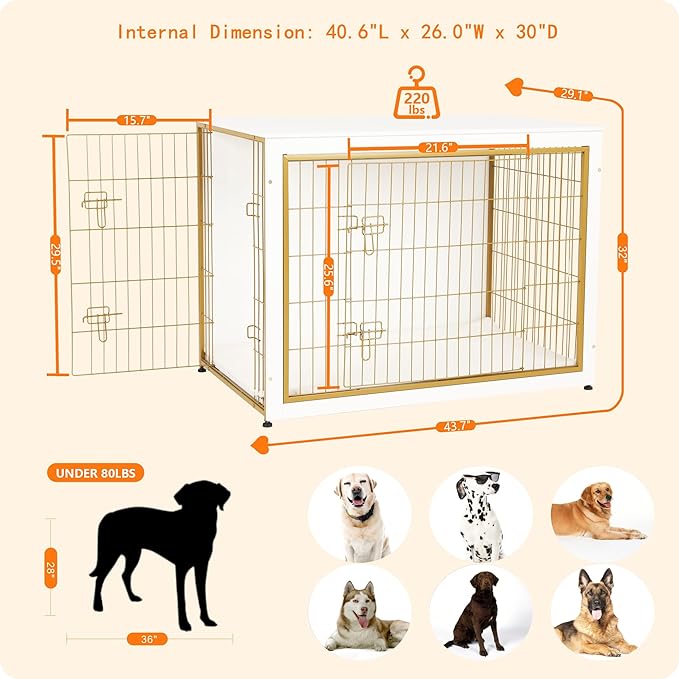 DWANTON Dog Crate Furniture with Cushion, Wooden Kennel Table with Double Doors, Indoor Dog House, Extra Large Size, 43.3" L, White+Gold-PurrikoPets