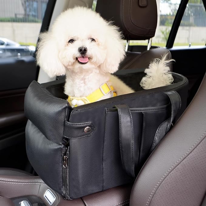2 and 1 Center Console Dog Car Seat & Carrier for Small Dogs, Large Leather Dog Car Bed with Storage Pocket, Waterproof PVC Leather Seat Travel Bed for Front & Back Seat, Clip-On Safety Leash-PurrikoPets