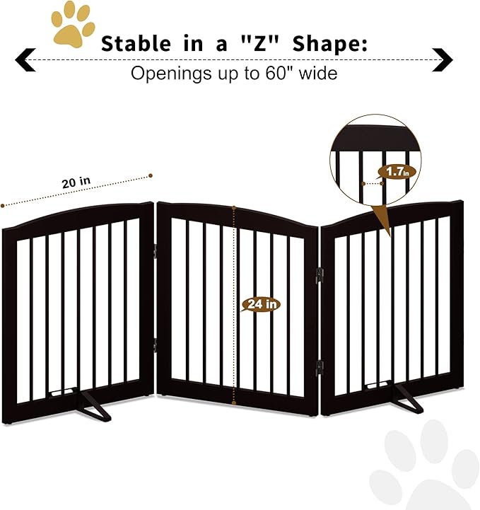 Freestanding Pet Gate for Dogs, Foldable Wooden Dog Gate for House, Indoor Dog Gate for Doorways, Stairs, Gates for Dogs Indoor, Support Feet Included, 24" Height 3 Panels, Brown-PurrikoPets