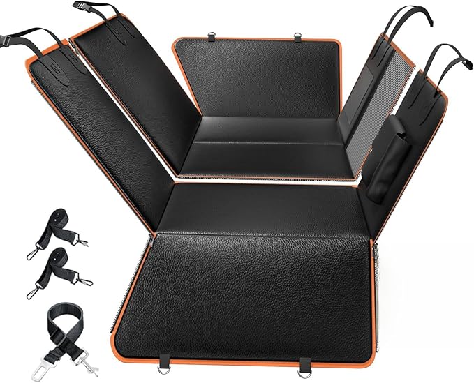 6-in-1 Leather Dog BackSeat Extender, Hard Bottom 40/60 Split Waterproof Car Back/Front Seat Cover, Rear Hammock Carseat Protector, Large Size Pet Mat for SUV/Truck/Cargo, Vehicle Bed Travel Accessory-PurrikoPets