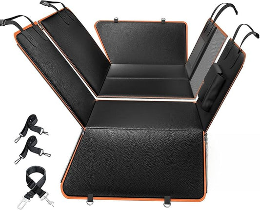 6-in-1 Leather Dog BackSeat Extender, Hard Bottom 40/60 Split Waterproof Car Back/Front Seat Cover, Rear Hammock Carseat Protector, Large Size Pet Mat for SUV/Truck/Cargo, Vehicle Bed Travel Accessory-PurrikoPets