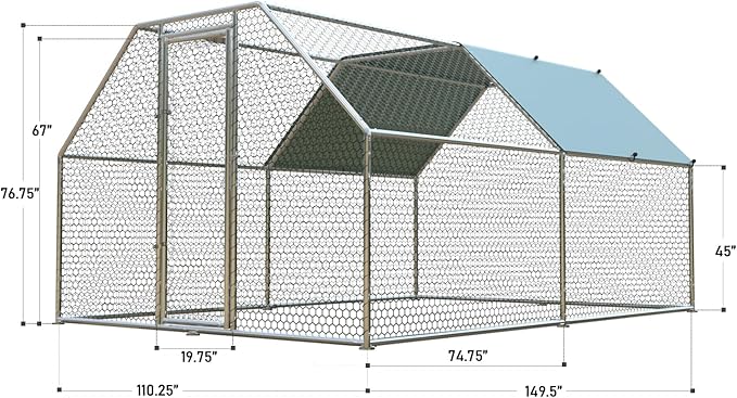1.26'' Chicken Runs for Yard with Cover, Large Metal Chicken Run Walk in Metal, Outside Dog Kennel with Roof, Flat Roofed Outdoor Kennel for Cats(9.2’L x12.5’Wx 6.4’H)-PurrikoPets