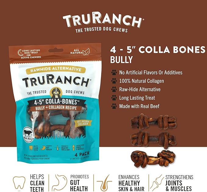 4-5" Collagen Bones, Bully - Collagen Dog Bones - Long Lasting Healthy Joint Support - Rawhide Alternative - Skin & Coat Health, Value Pack, 15 Bags, 60 Count-PurrikoPets