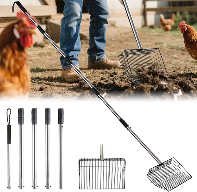 10 inch Large Chicken Poop Scooper,4 in1 Chicken Coop Poop Shovel,Adjustable 32" to 67" Stainless Steel Chicken Coop Scoop,Litter Sifting Shovel Poop Scooper for Chicken Coop Pet Waste-PurrikoPets