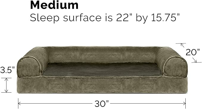 FurHaven Soft, Orthopedic Foam Sofa Dog Bed with Washable & Removable Cover - Faux Fur/Velvet - Dark Sage, Dogs Up to 35 lbs - Medium-PurrikoPets